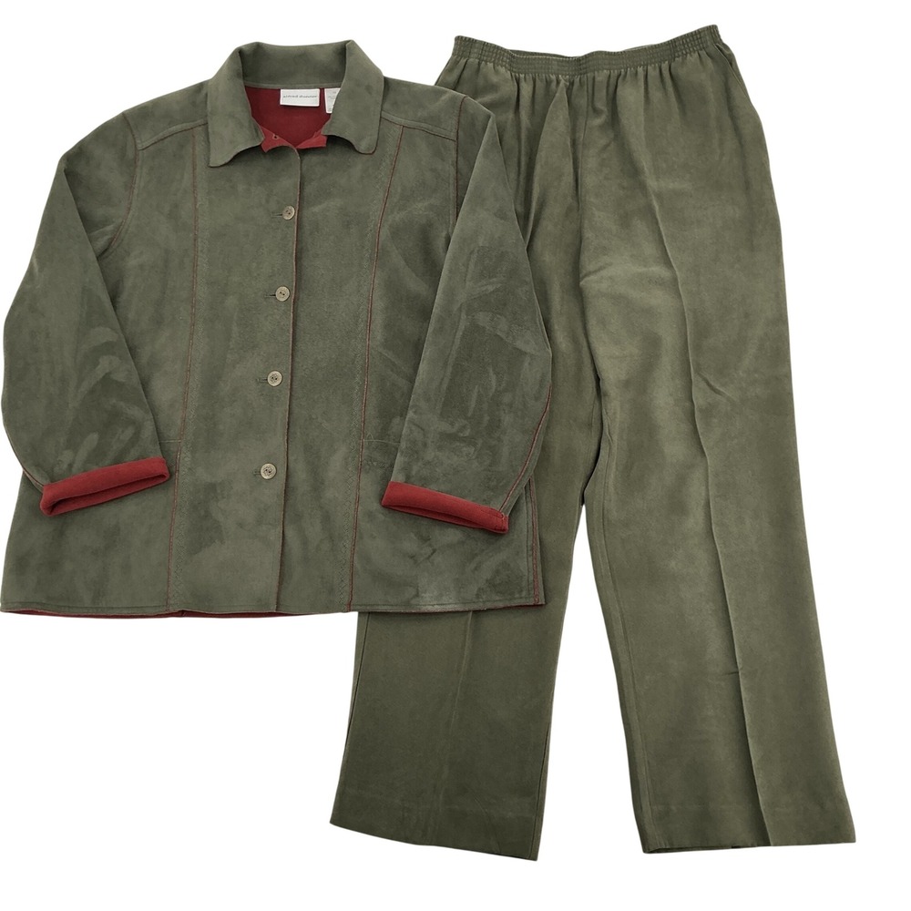 Vintage Alfred Dunner Pant Set Womens 12 Green Faux Suede Jacket Trousers 2pc
